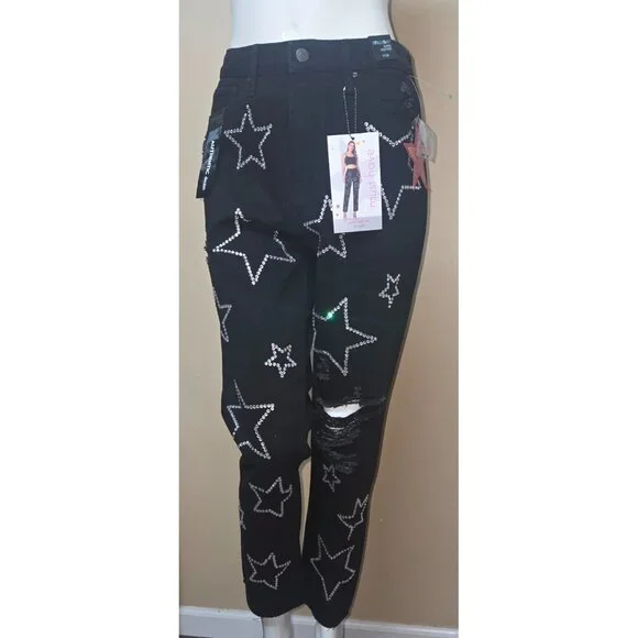 Simple Society Bling Stars Distress Super High Rise Black Jeans Size 7/ 28 NEW - Picture 3 of 10